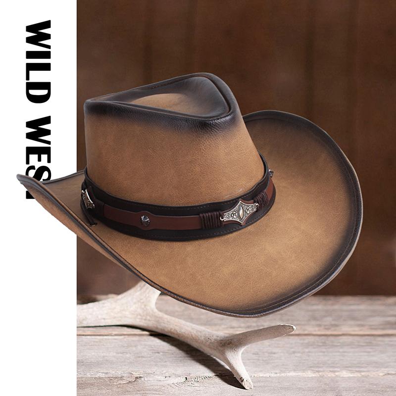 New 100% Leather Men Women Western Cowboy Hat Wide Brim Godfather Hats Gentleman Church Sombrero Hombre Jazz Cap