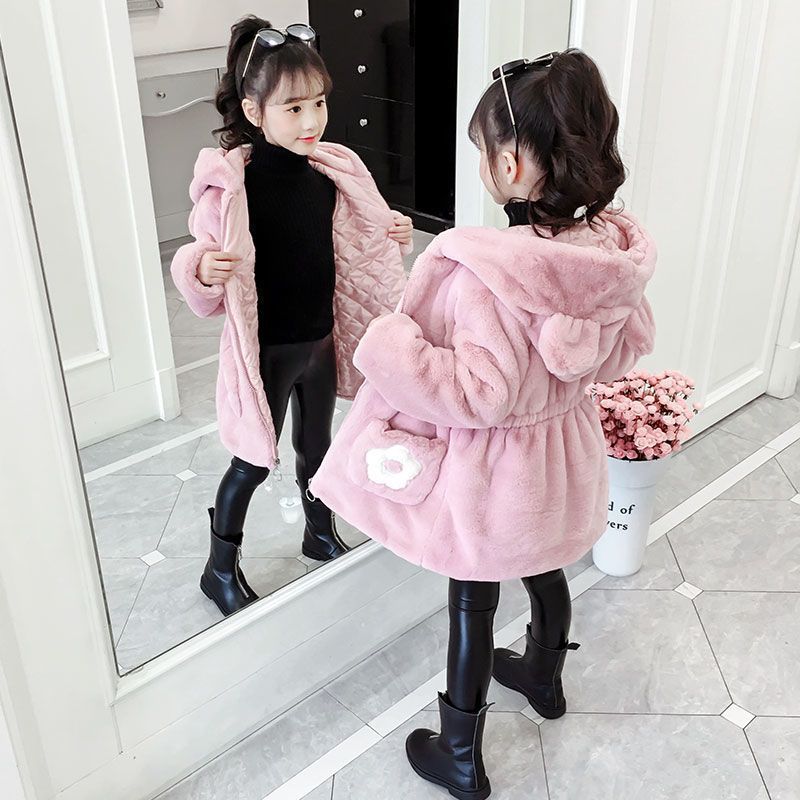 Girls' Faux Fur Winter Coat Girls Cotton Coat Medium and Large Children's Faux Mink Thickened Woolen Sweater