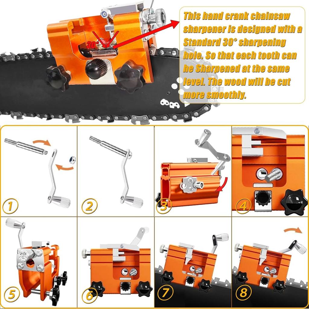 Chainsaw Sharpener Jig Kit, Portable Universal Chain Saw Sharpener Tool with 5 PCS High Hardness Burrs, Manual Hand Crank Chainsaw Sharpener,