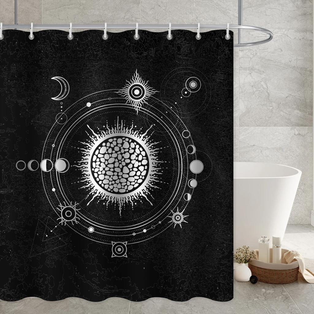 Black Mysticism Shower Curtain Liner Sun and Moon Modern Waterproof Bathroom Curtains Accessories with 12 Hooks Bathtub Curtain