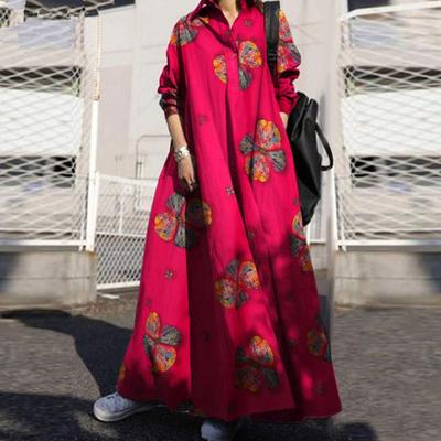 Women Maxi Dress Retro Ethnic Style A-line Loose Floral Print Turn-down Collar Long Sleeve Plus Size Ankle Length Big Swing Lady Spring Fall Dress