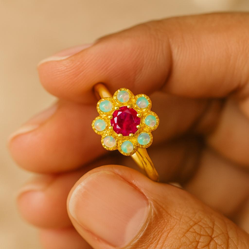 Wedding Engagement Anniversary Promise Gift – Red Ruby & White Opal Ring, Handmade Art Deco July Birthstone Gemstone Bridal Jewelry