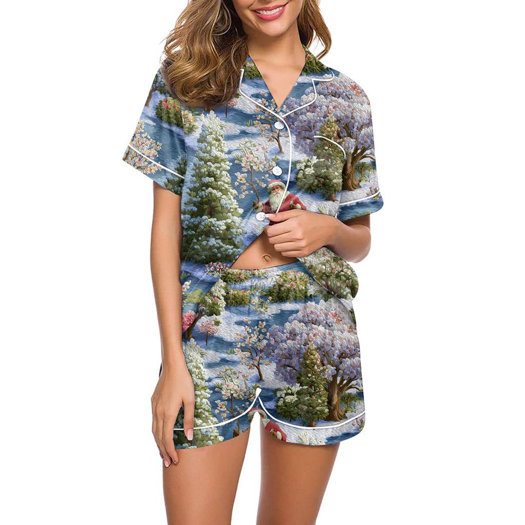 Ladies' Loose Casual Top Shorts Two-piece Set Christmas Printed Pajamas Set