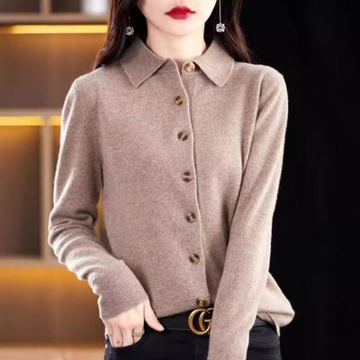 New Andy Fleece Knitted Cardigan Women's PO Shirt Collar Solid Color Sweater Jacket Top