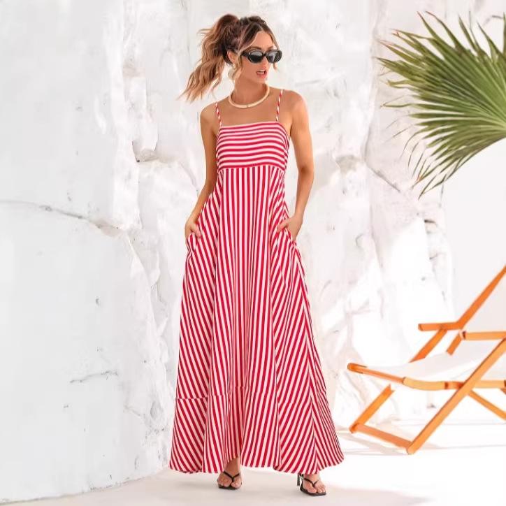 2026 European and American women s clothing explosive summer new casual vacation striped suspender dress S