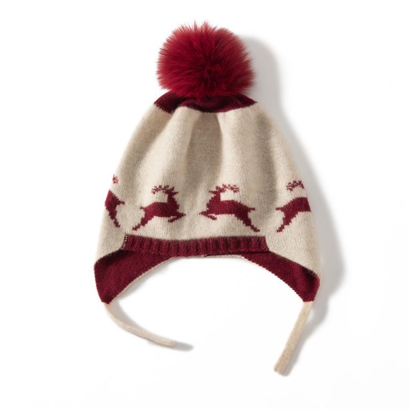 Deer Jacquard Knitted Cashmere Hat with Pom-Pom for Adults - Winter Warmth Woolen Hat One Size кларет