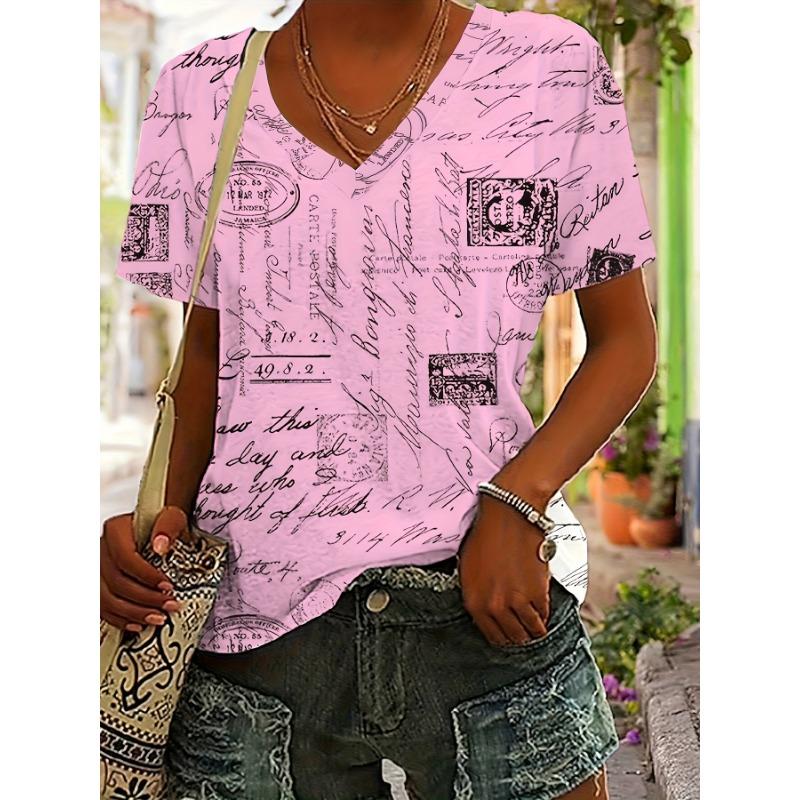 Women'S Casual Retro Letter Graphic V-Neck Short Sleeve T-Shirt