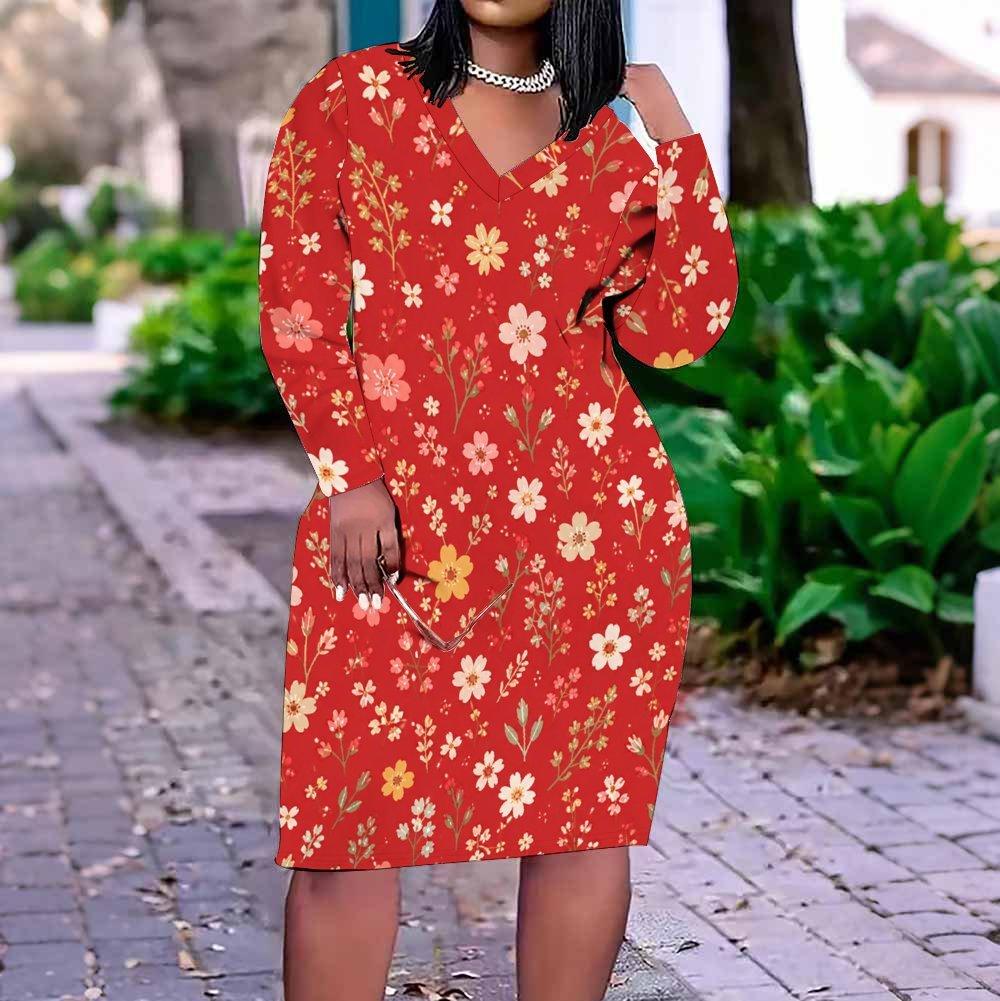 Women Plus Size V Neck Long Sleeve Printed Blue Straight Dress