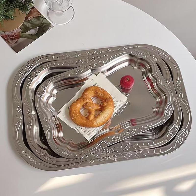 1Pcs Stainless Steel Rectangular Tray With Embossed Design For Kitchen Living Room Storage Durable Fruit Snack Cake Serving Dish