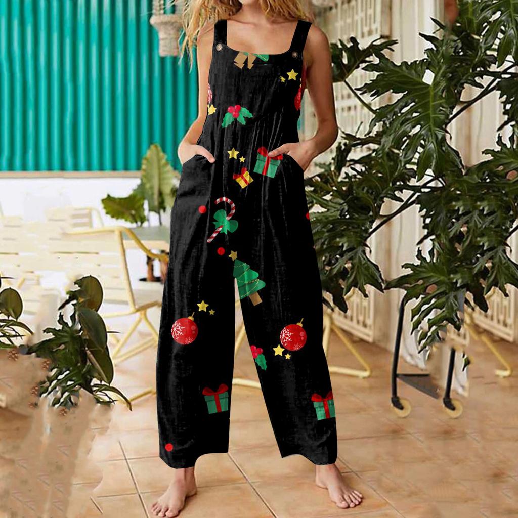 Women's Fashion Christmas Print Casual Retro Sleeveless Button Jumpsuit