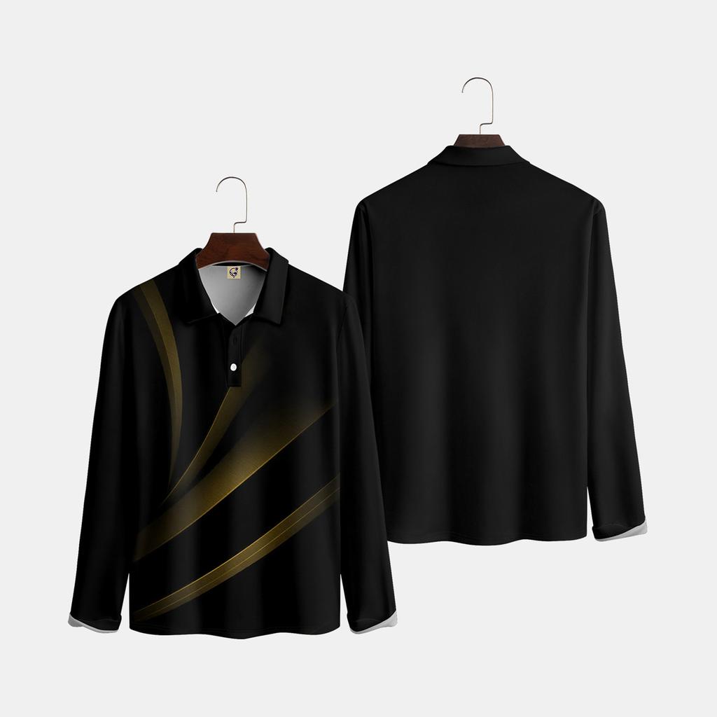 Herren-Revers-Langarm-bedrucktes Freizeit-Oberteil, lockeres Sport-Revers-Hemd