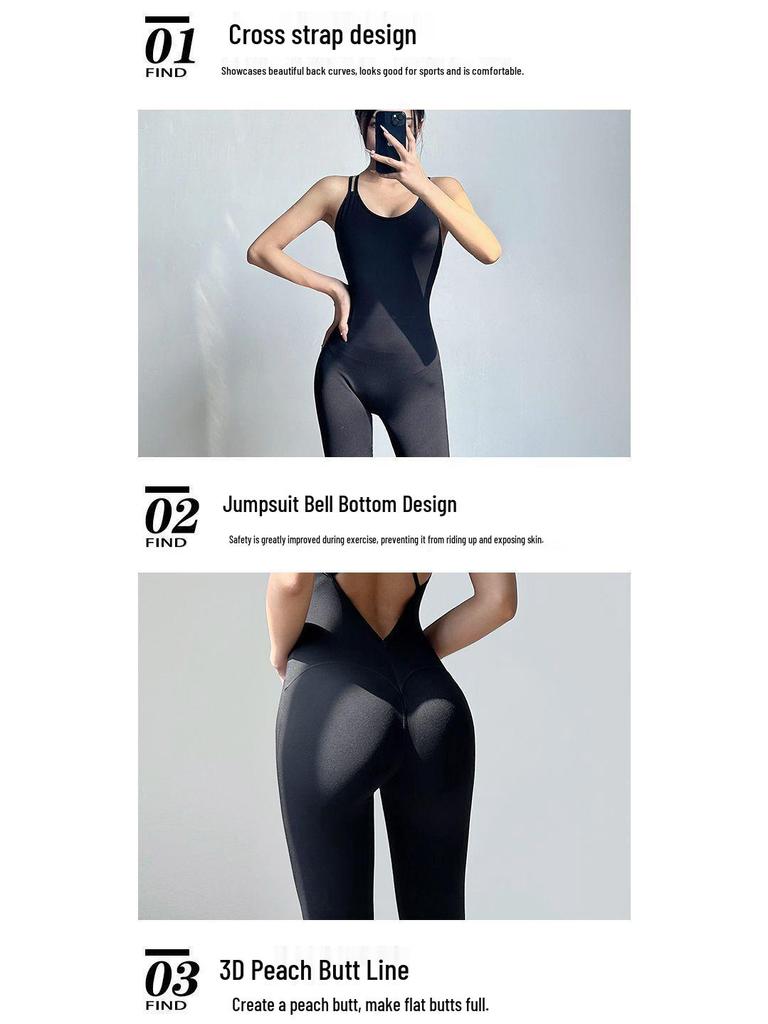 Eleganter Tanz- und Yoga-Bodysuit mit Spaghettiträgern, Brustpolstern und schönem Rückendesign, mit ausgestellten langen Hosen.
