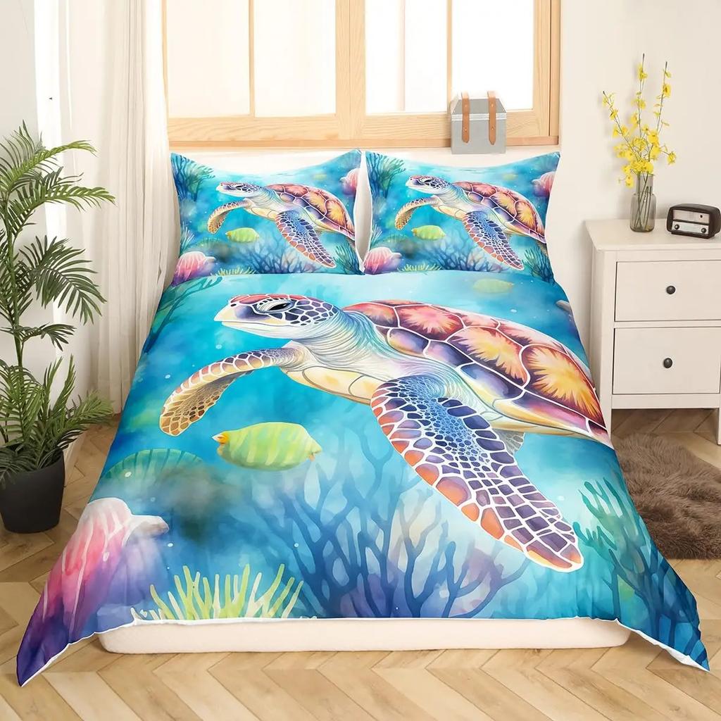 Turtle Bedding Set Nautical Coastal Duvet Cover White Blue Sea Comforter Cover Reptile Tortoise Animal Polyester Quilt Cover