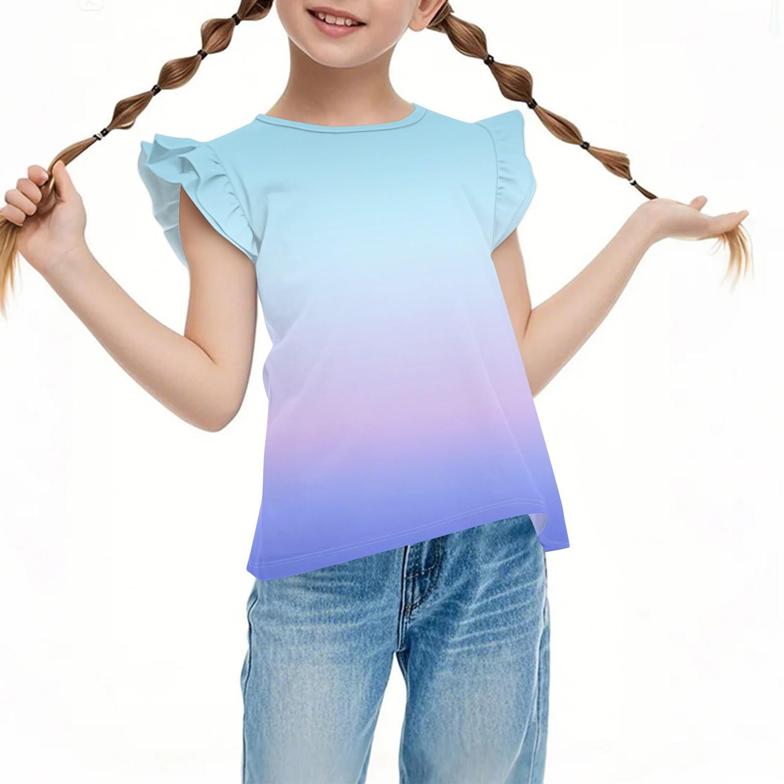 

Children s Casual Short-Sleeved Pleated, Cute Gradient Printed Round-Neck Solid-Color Top 140 синий