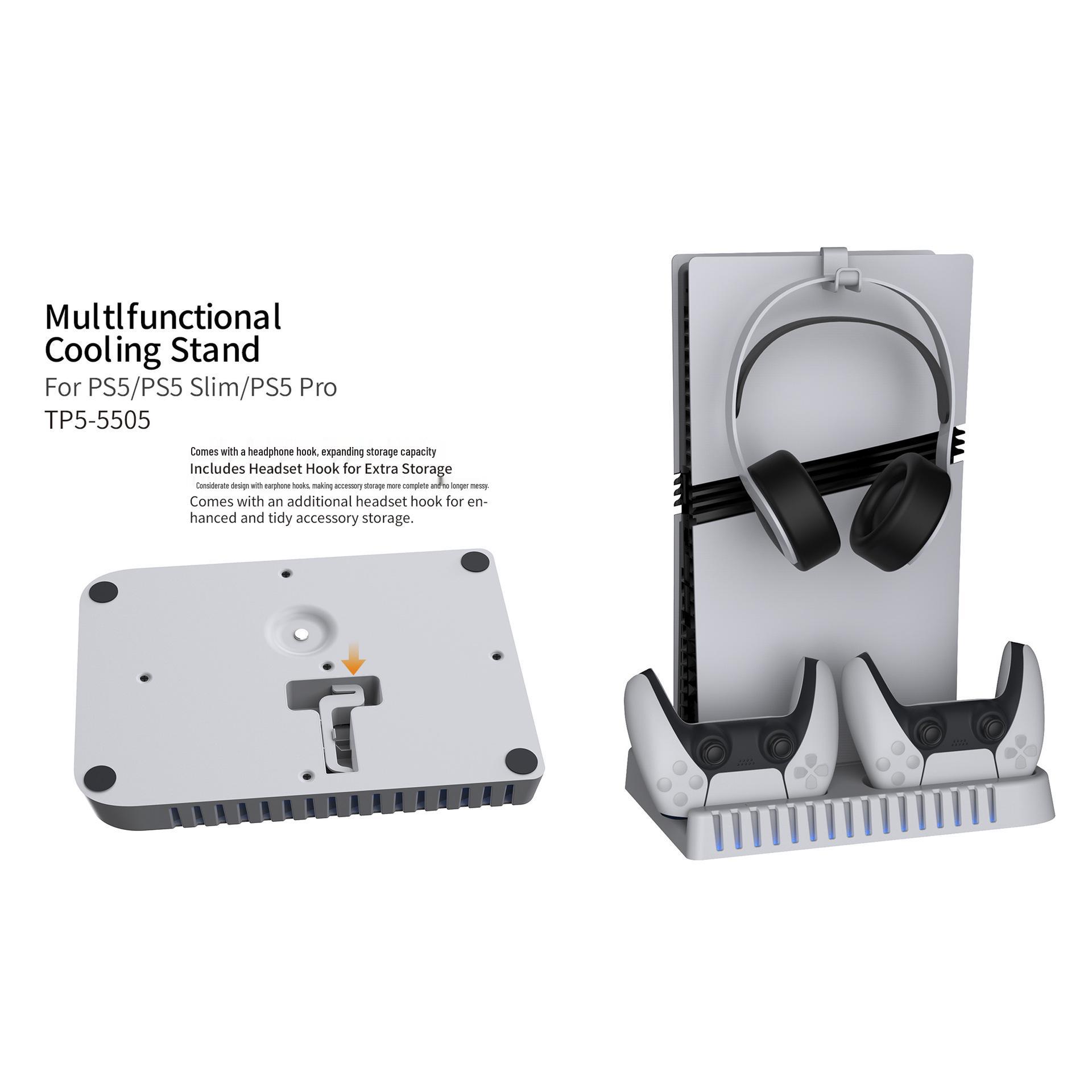 

PS5 Cooling Stand with Controller Charger, Disc Storage & Headphone Hanger for PS5 Pro/Slim/Console. 22.6*36.6*4.8 cm
