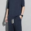 1 Set Men Summer T-shirt Pants Sports Set Round Neck Short Sleeves Pullover Top Drawstring Trousers Two-piece Set Indoor Outdoor Loose