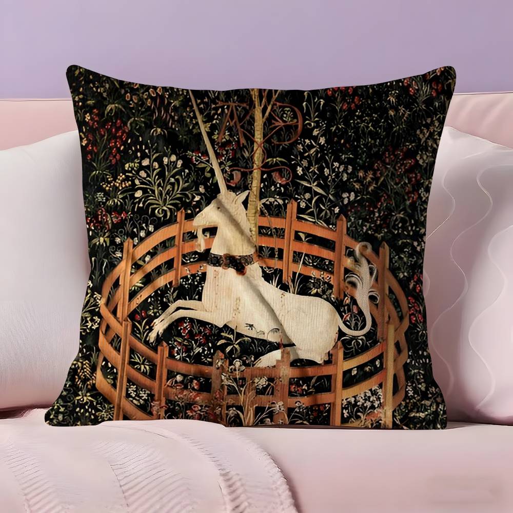 Vintage Medieval Unicorn Art Pillow Case Anti-dustmite Pillowcase Invisible Zipper Silky Short Plush Sofa Cushion Cover