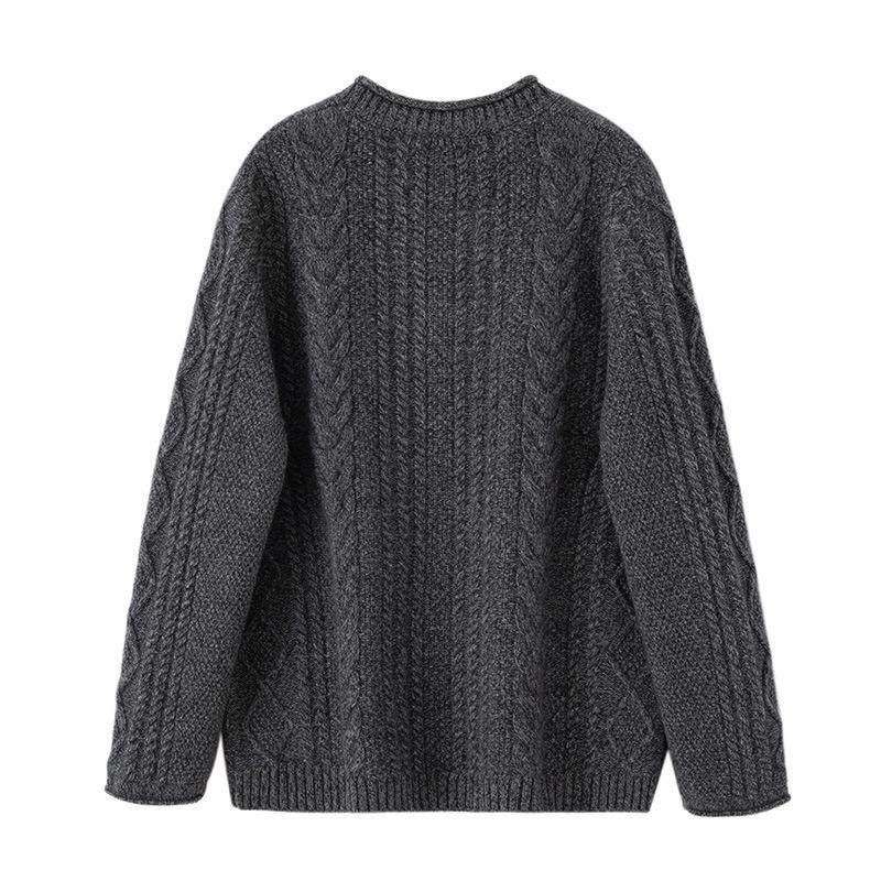 Women's Retro Cable Knit Cashmere Sweater – Round Neck, Rolled Hem, Thick, Loose, and Cozy for Autumn and Winter.