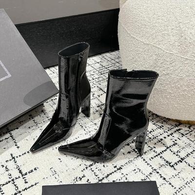 Autumn and Winter New Pointed Thick Heel Medium Boots Side Zipper High Heel Short Boots Sexy Fashion Boots Patent Leather Thin Boots Women