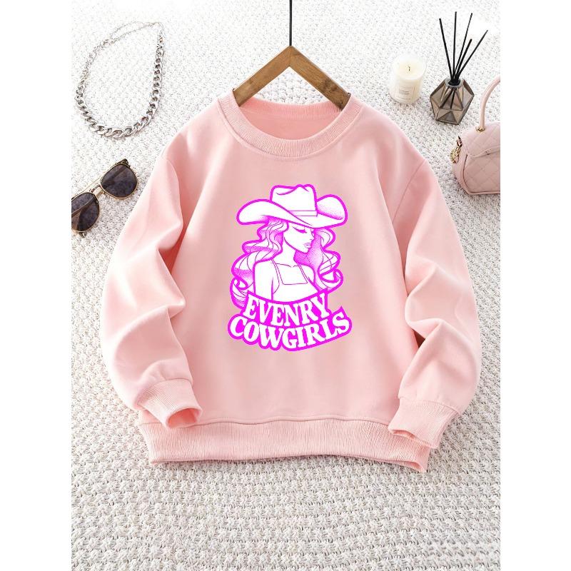 Girl's Round Neck Sweatshirt with Cartoon Cowgirl Print Long Sleeve Top, Ideal for Weekend Outings and Outdoor Wear
