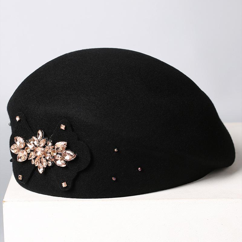 French heavy industry rhinestone flower wool beret female autumn and winter retro elegant painter hat light luxury banquet temperament felt