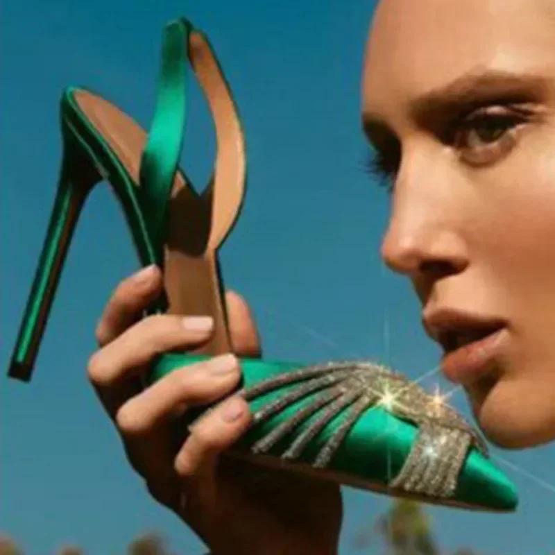 Fashion Luxury Cover Toe Rhinestone Women Shoes Wedding Pumps Pointed Slingback Thin High Heels Sandals Back Strap Party Bridal Shoes