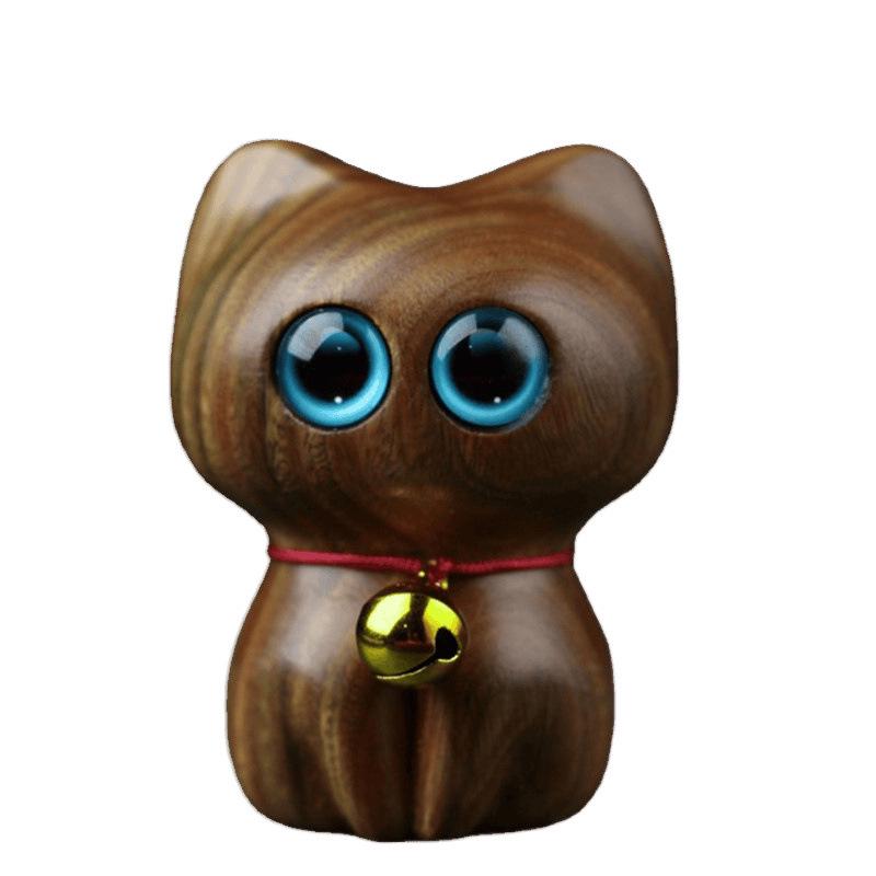 Green Sandalwood Cat Ornament - Solid Wood Hand-Carved Kitten for Home or Car Décor