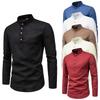 Maglietta da uomo in cotone con bottoni, collo alla coreana, a maniche lunghe, casual, tinta unita