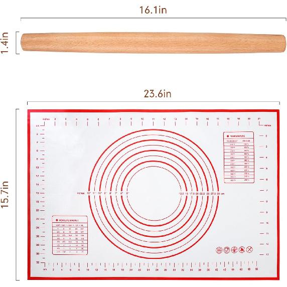 Wood French Rolling Pin for Baking, QUELLANCE Wooden Dough Roller with Silicone Baking Mat, Beech Wood Rolling Pins for Baking Dough, Pizza, Pie,