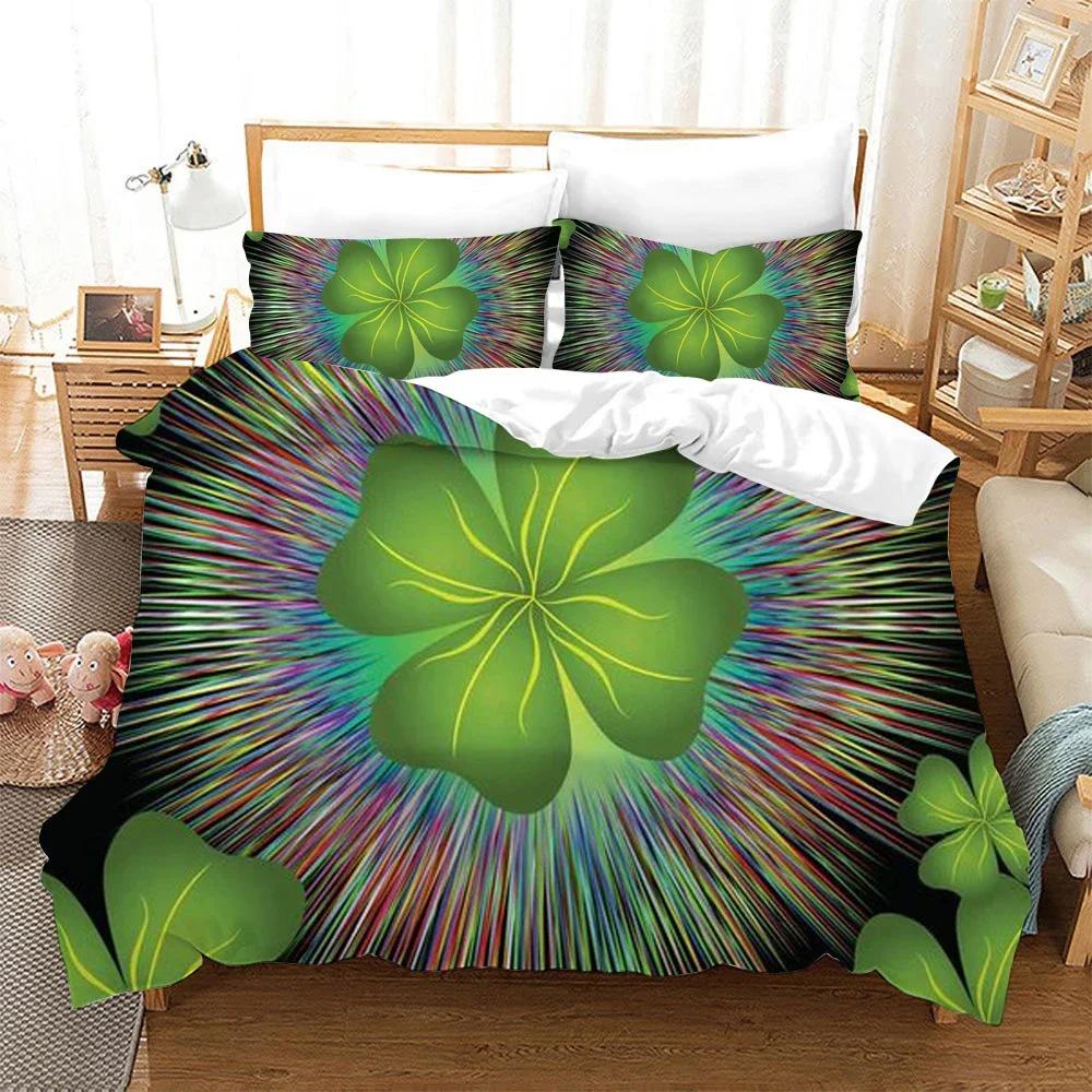 St. Patrick'S Day Duvet Cover Set Lucky Clovers Bedding Set Microfiber Green Four Leaves Clover Comforter Cover Twin Queen Size