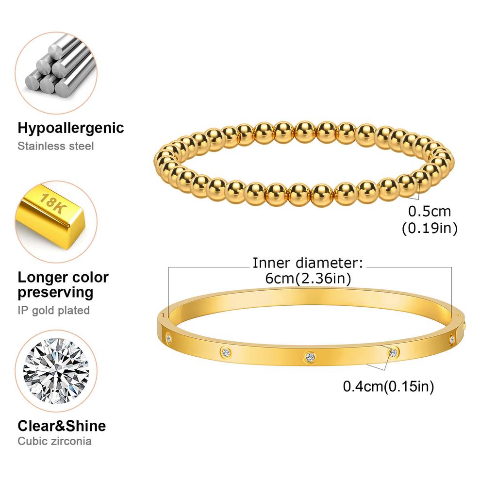 Vnox 2-8mm Women Bracelets Set, Simple Stacked Gold Plated Stainless Steel Beads Bracelets , Glam Love Gift Cuff Bangles for Her