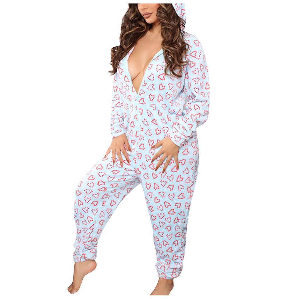 Women's Fashion Printed Plush Hooded Long Sleeve Warm Home Jumpsuit With Ears