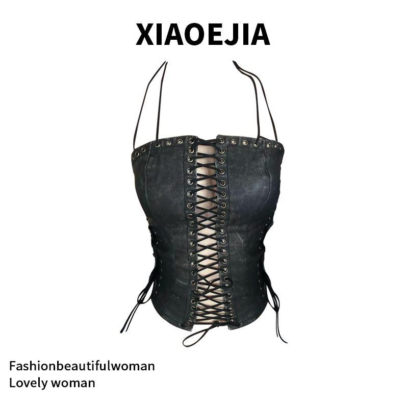 

Fashion Retro Design Heavy Industry Design Lace-up off-Shoulder Tube Top Vest Women s Waist-Tight Slim Looking Fishbone Tops Black S