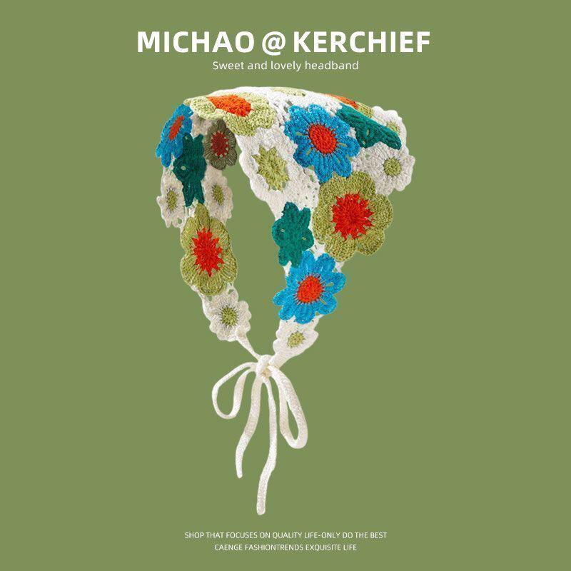 Korean Style Knitted Crochet Triangle Scarf: Women's Sweet Flower Headscarf Hat