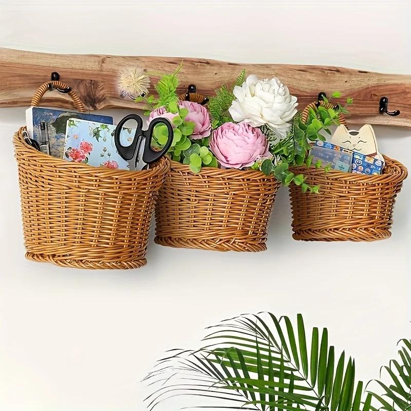 Imitation Rattan Kitchen Storage Basket Brown with Handle Hand-woven Hanging Baskets Sundries Organizer Vegetable Fruit Flower