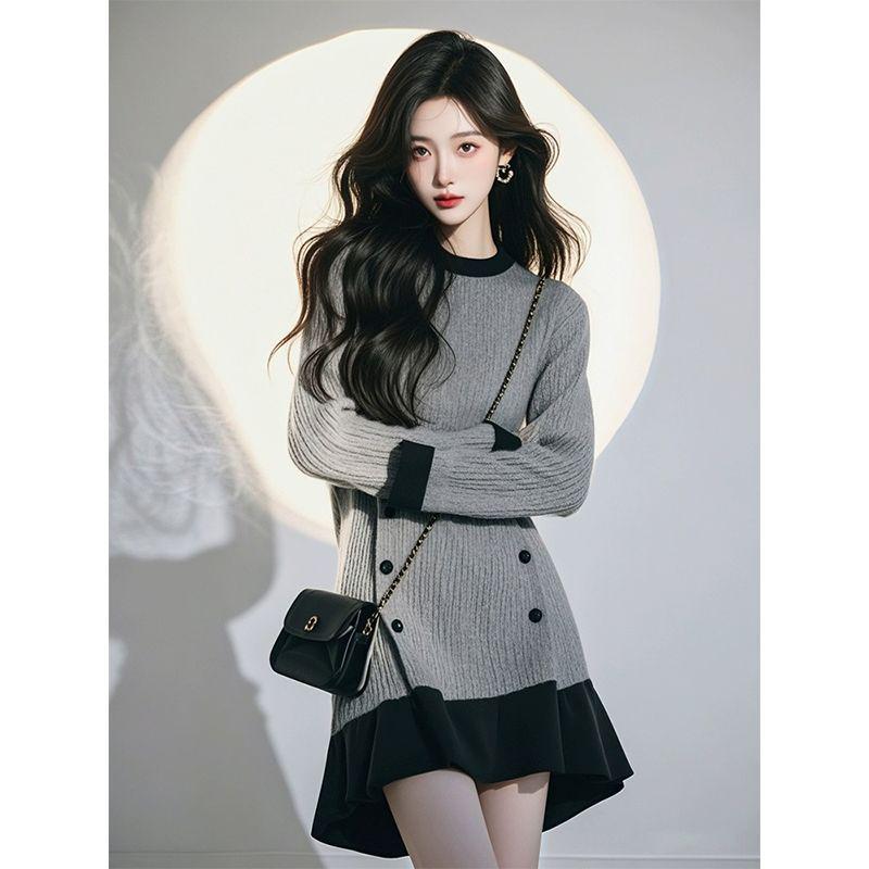 

Plus Size Color Block Round Neck Long Sleeve Knit Dress - Women s Spring Loose Style Sweater Skirt S [Up to 95 lbs]