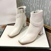 White Booties Women Block Heel Square Toe Beige Skinny Boots  New Fall French Ankle Boots High Heel