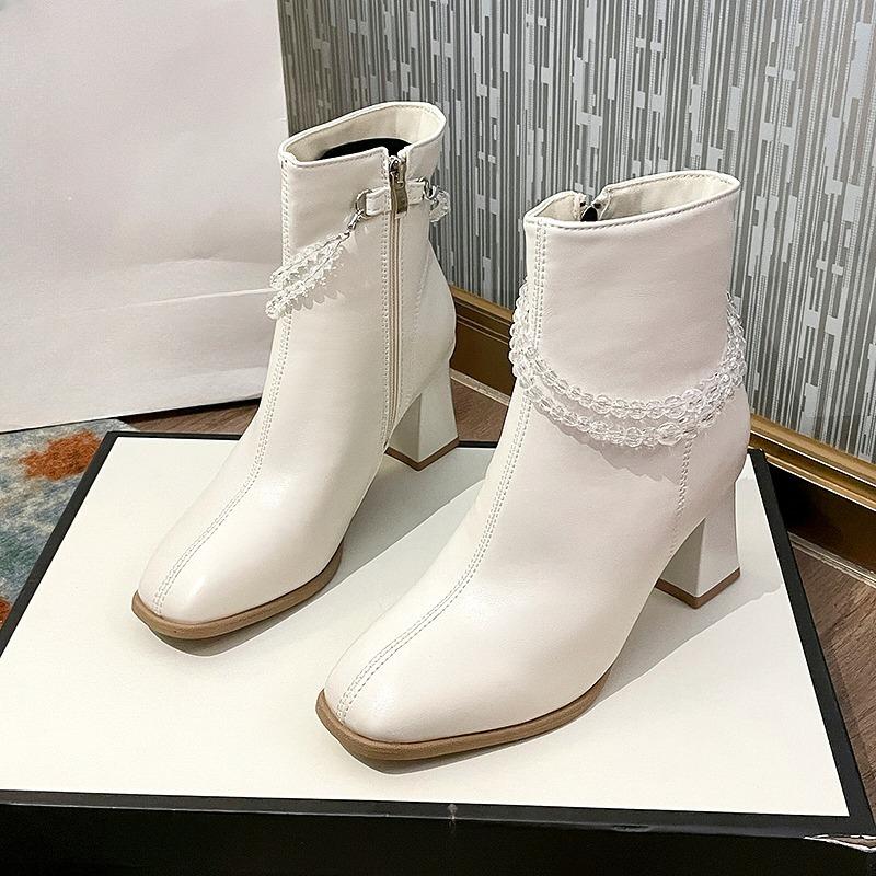 White Booties Women Block Heel Square Toe Beige Skinny Boots New Fall French Ankle Boots High Heel