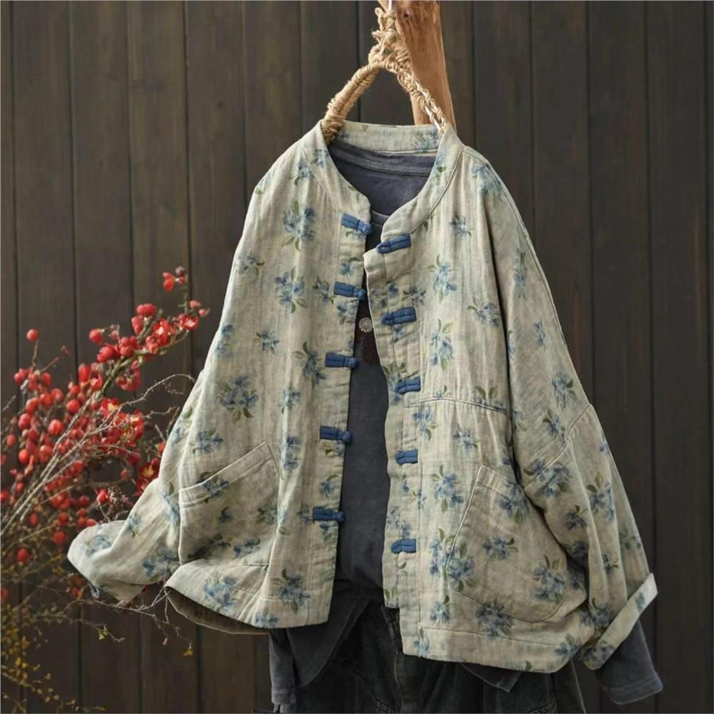 Johnature Women Vintage Print Floral Jackets Stand Long Sleeve Autumn Chinese Style Female Jackets