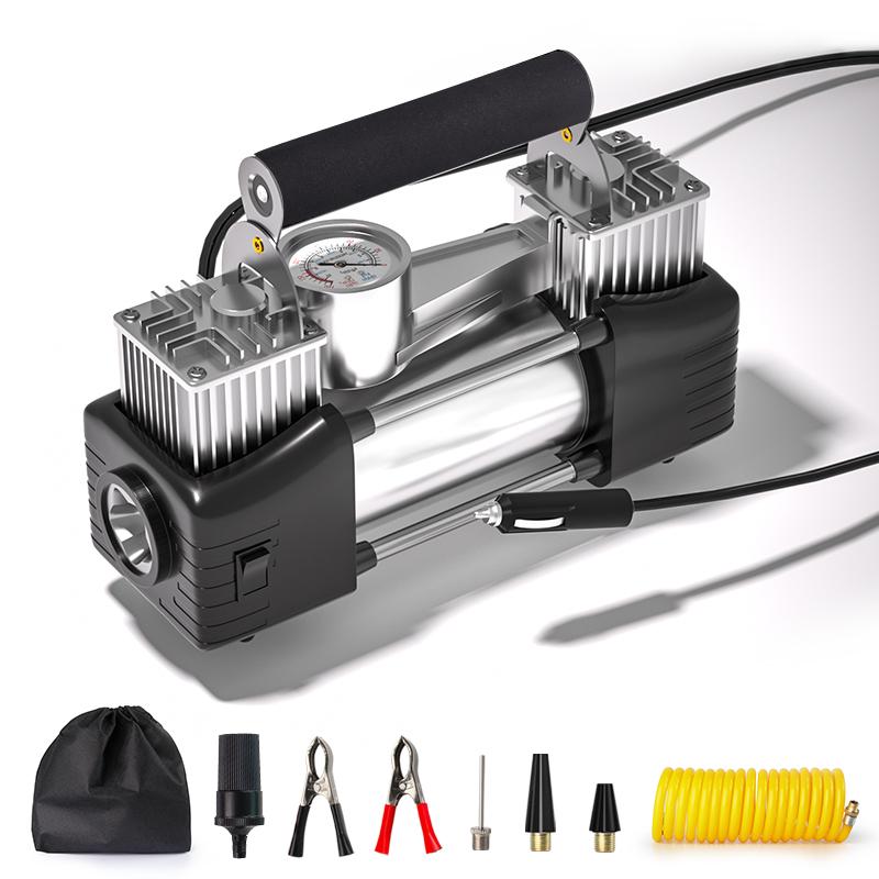 

Двойной цилиндровый сверхмощный портативный воздушный компрессор для накачивания шин автомобиля электрический насос автоматический 12 В 150 фунтов на квадратный дюйм аварийный светодиодный фонарь для внедорожника Corded Electric серебряный