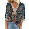 Blusa feminina casual solta, camisas, manga 3/4, acabamento em renda, estampa, decote em V, tops estampados, camisetas, camisetas