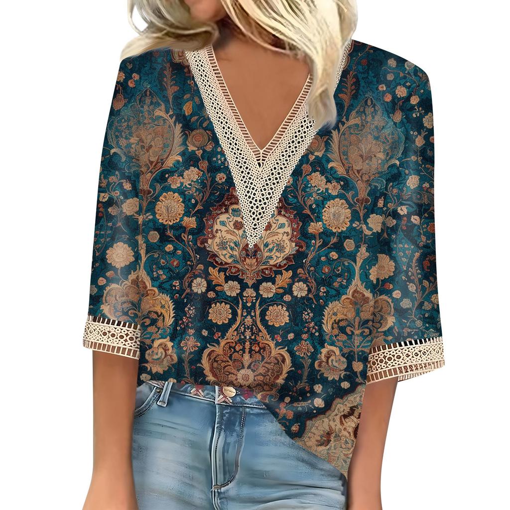 Blusa feminina casual solta, camisas, manga 3/4, acabamento em renda, estampa, decote em V, tops estampados, camisetas, camisetas