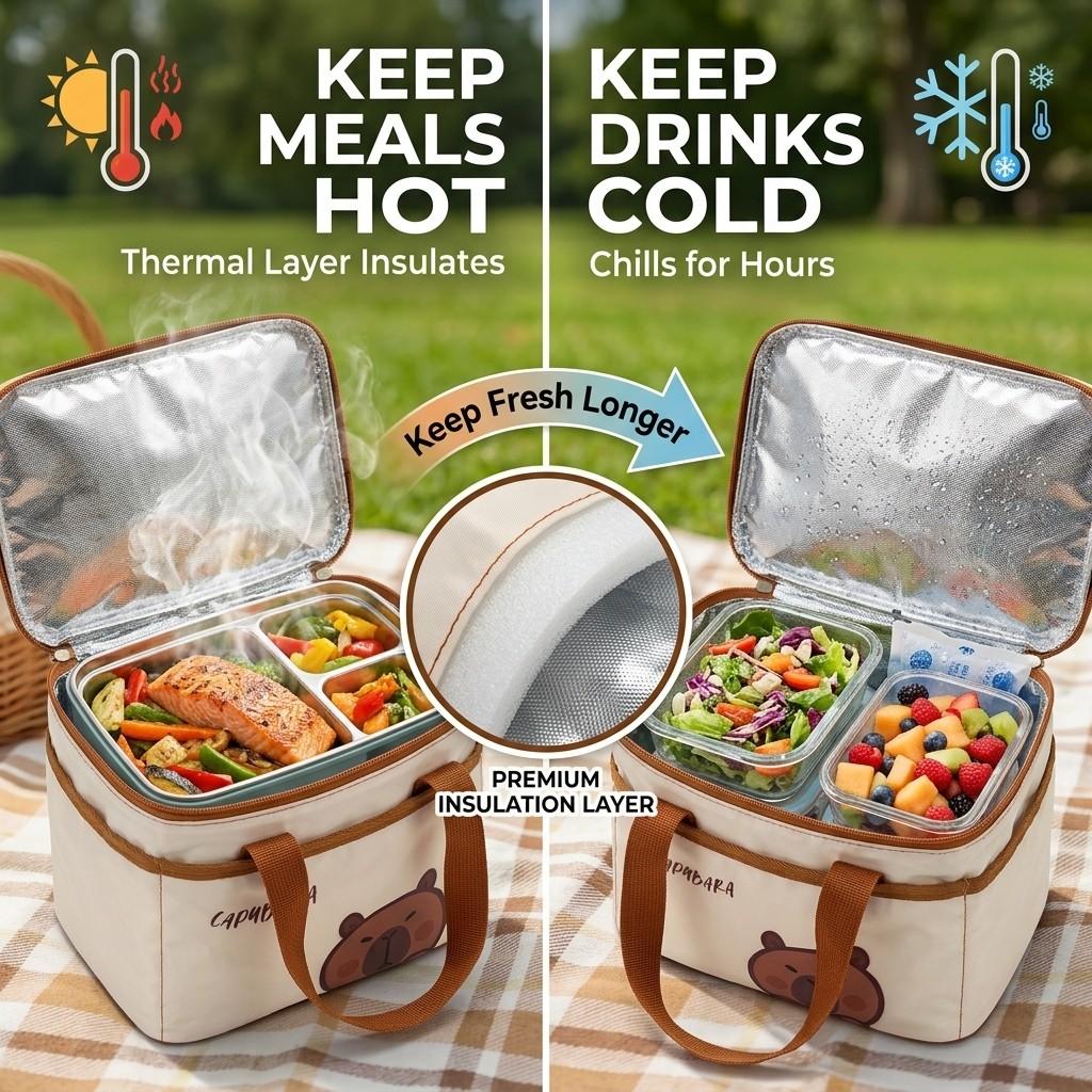 Picnic Thermal Lunch Bag With Handle Cute Cartoon Portable Insulated Bento Box Bag For Students Kids Large Cpacity Cooler Bag