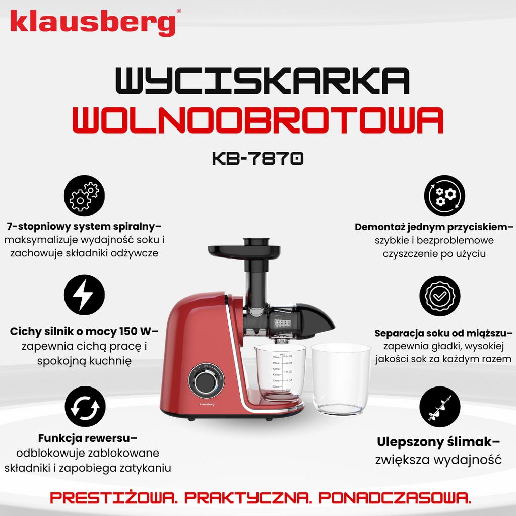 Langsamdrehende Saftpresse 150W für Obst und Gemüse COLD PRESS KLAUSBERG KB-7870