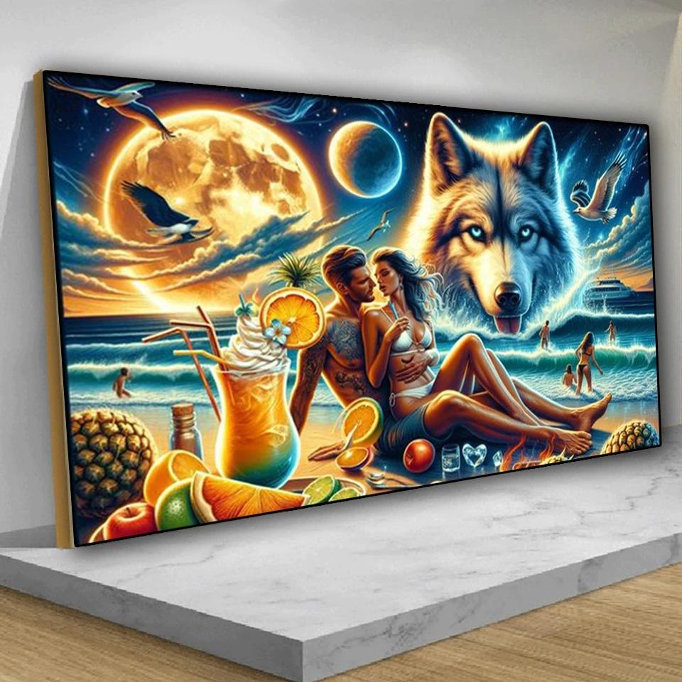Romantic Couple And Wolf Diamond Painting New 2024 5D Large Diy Seaside Coconut Tree Landscape Full Diamond Mosaic Embroidery