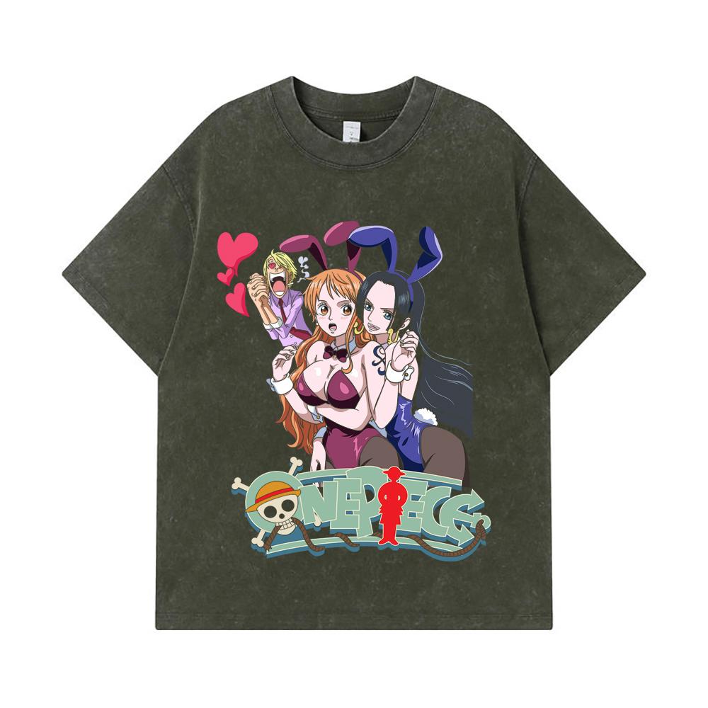 275 GSM Washed T-shirts 100% Cotton One Piece V53 Nami Boa Print Unisex Heavy Cotton T Shirt