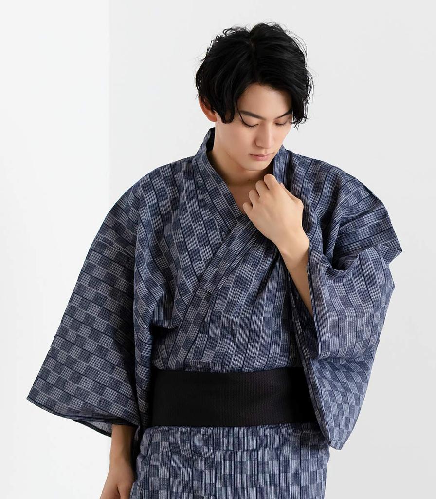 KYOETSU Yukata Set and Waist Checkered Pattern x Navy Blue Men's 3-Piece (Yukata, One-Touch Obi, Cord) (M, C-18. (One-Touch Obi, Black))