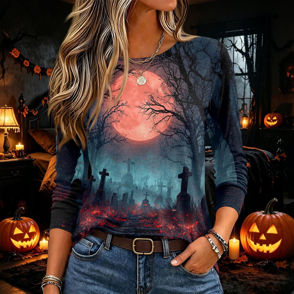 Damen Halloween Print Pullover Top mit langen Ärmeln und Rundhalsausschnitt