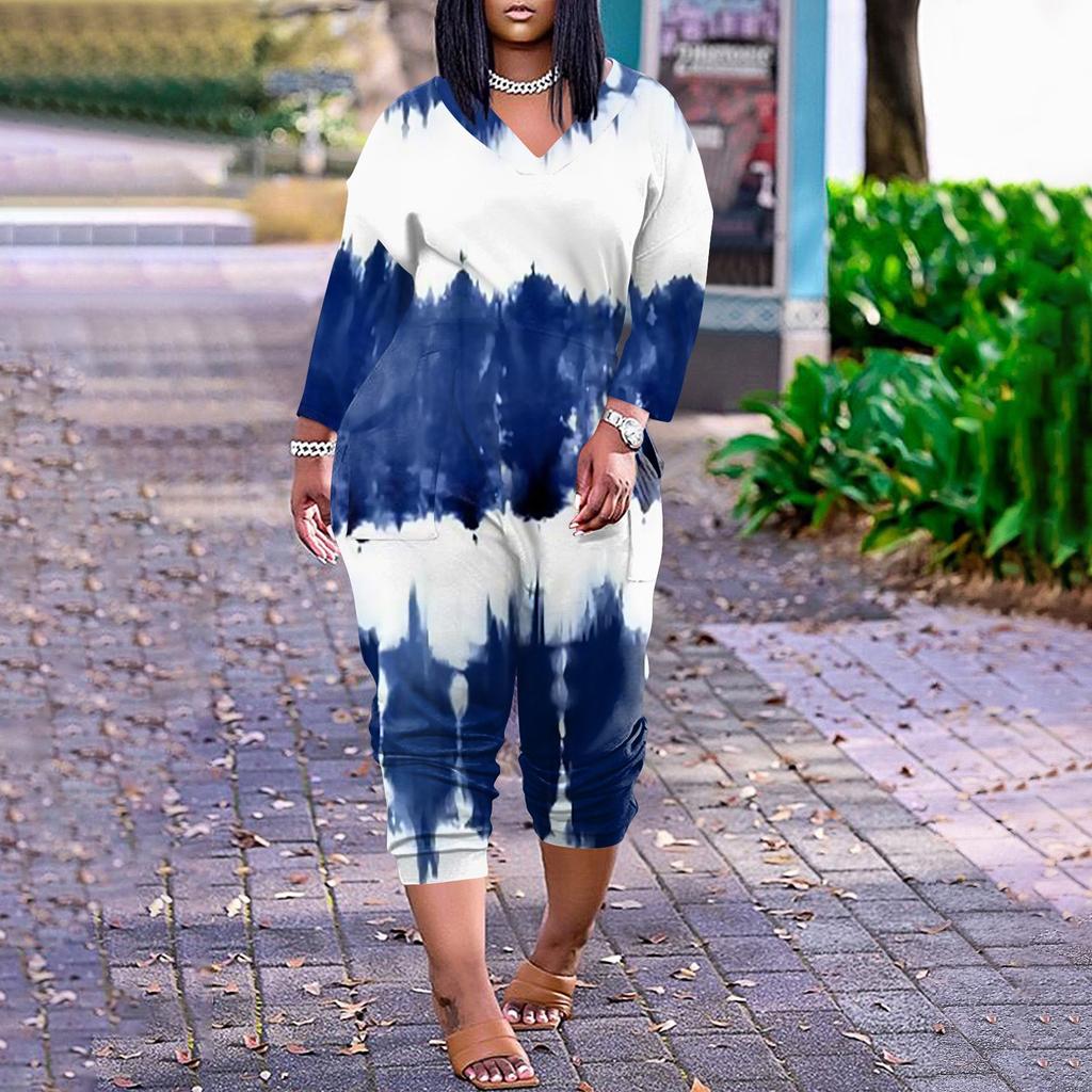 Women's Large Size Loose Casual Printed Long Sleeve V-Neck Pocket Jumpsuit