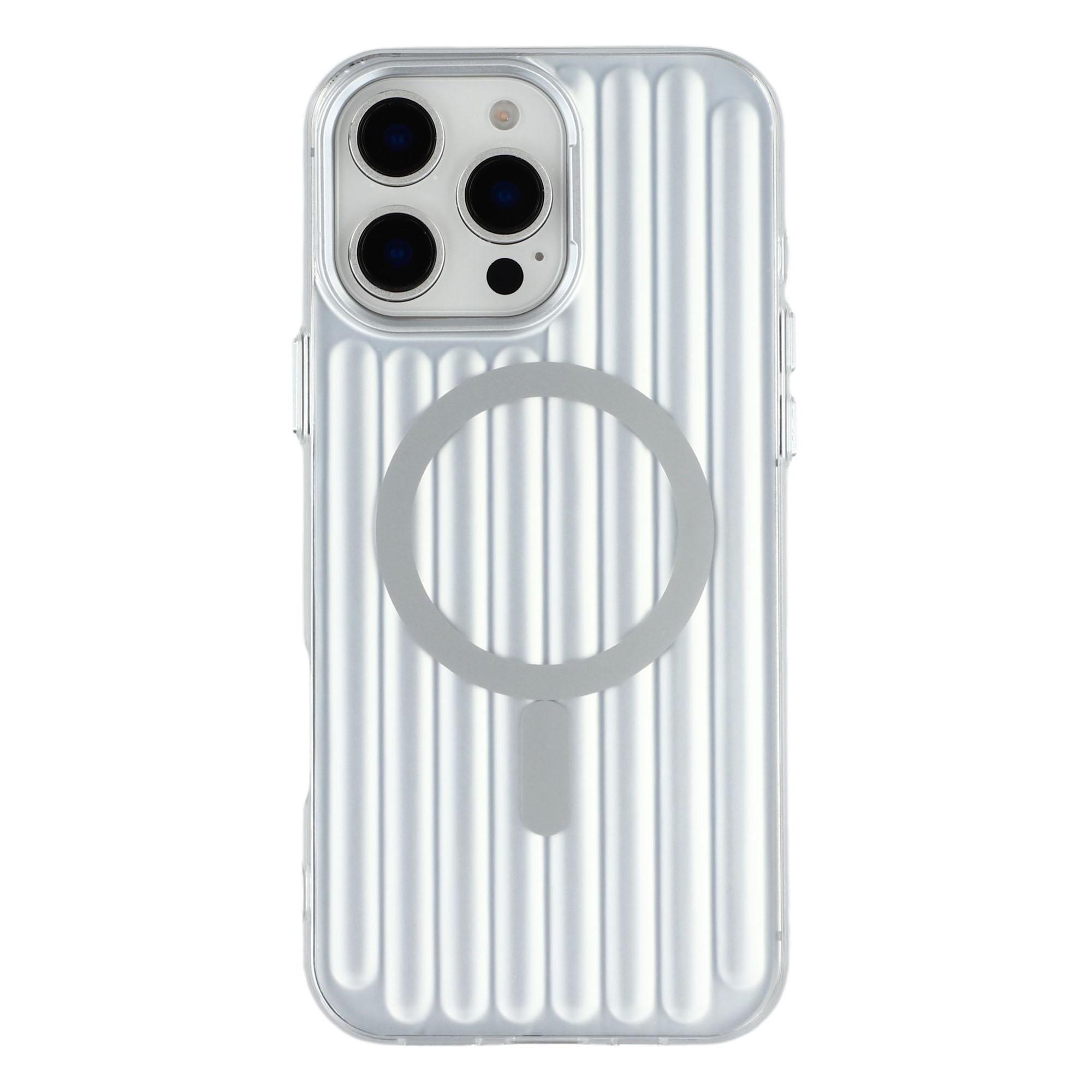 

For iPhone 15 Pro Case Compatible with MagSafe Luggage Texture IMD TPU Phone Back Cover Silver